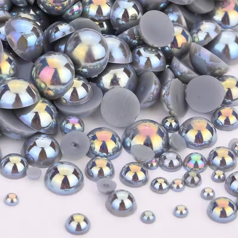 VADQZA 1000PCS Mixed Sizes 3/4/5/6/8/10mm Flatback Half Round Pearls Gems for Crafting, AB Color Pearl Beads Stones for Crafts Jewelry Clothes Shoes Dress Nail Art Making Embellishments (Deep Grey AB) - Image 1